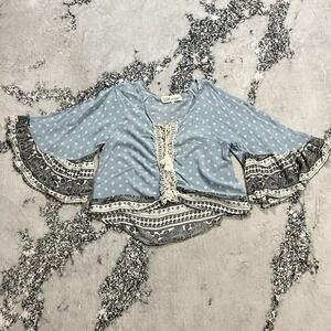 Vintage Havana Top Womens Small Blue Floral Boho Bell Sleeve Tassel Blouse